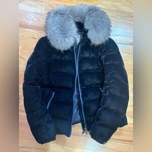 Add Down blue velvet down Puffer Jacket with genuine raccoon Fur Collar
